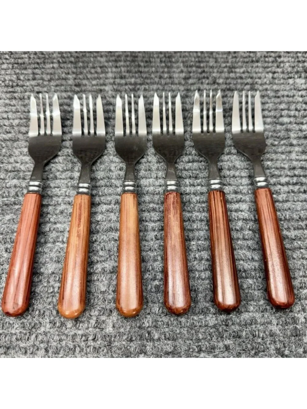 Faberware Silverware Lot Of 6 Small Forks Faux Wood Brown Handle Child Vintage